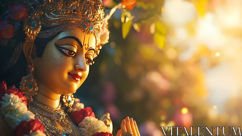 Golden goddess statue glowing in gentle evening light.