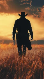 Silhouetted cowboy with pistol walking through tall grass field.