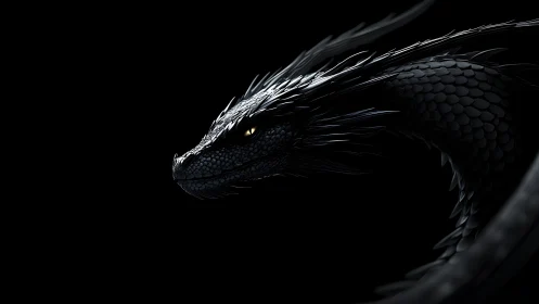 Sleek black dragon coils in shadow with a piercing golden gaze