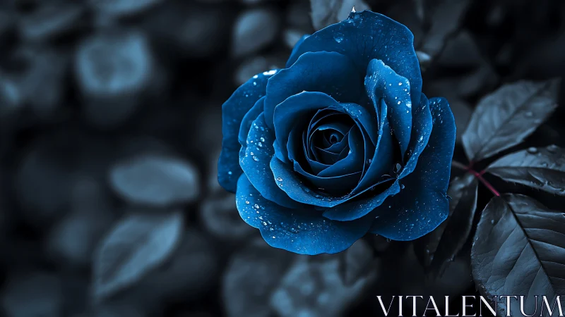 Blue Rose with Water Droplets Against Dark Background