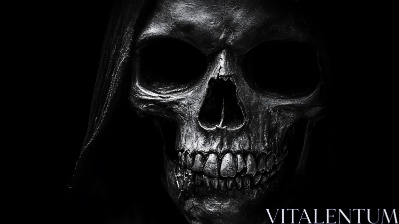 Grim reaper skull emerges from darkness in stark detail.