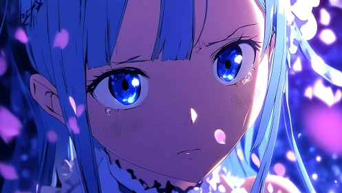 Blue haired anime girl crying amid glowing petals at night.