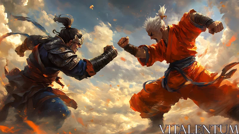 Skybound martial duel between armored and robed warriors.