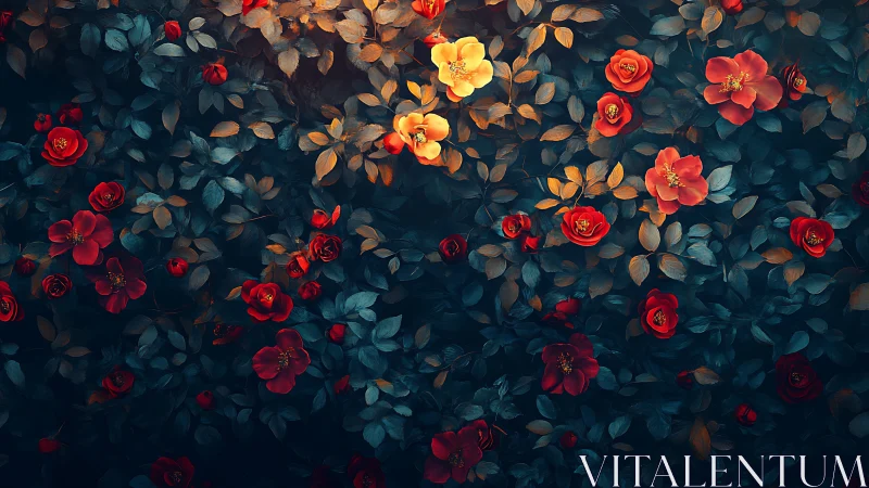 Velvet Petals Emerge: Roses Ignite Dark Garden Magic.