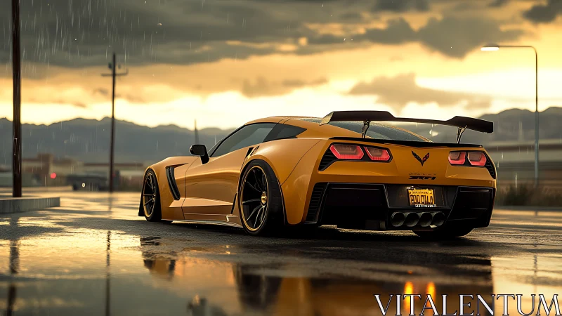 Yellow sports car glows on wet asphalt under stormy sunset