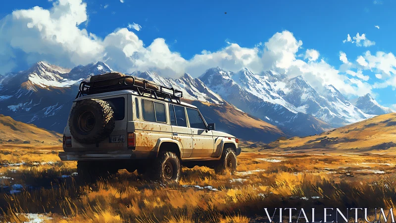 Off-road SUV parked before distant snowcapped mountains.