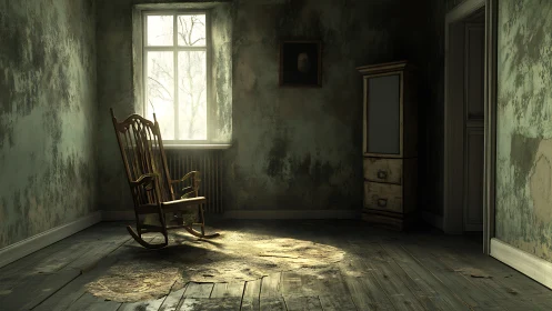 Digital painting of abandoned sunlit room with rocker chair.