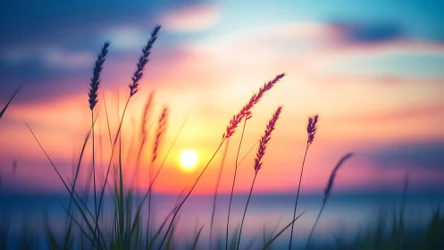 Sunset over calm water with sharp silhouettes of grass.