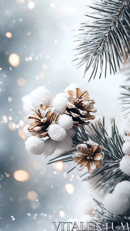 Snow-dusted pinecones glow softly amid winter bokeh lights.
