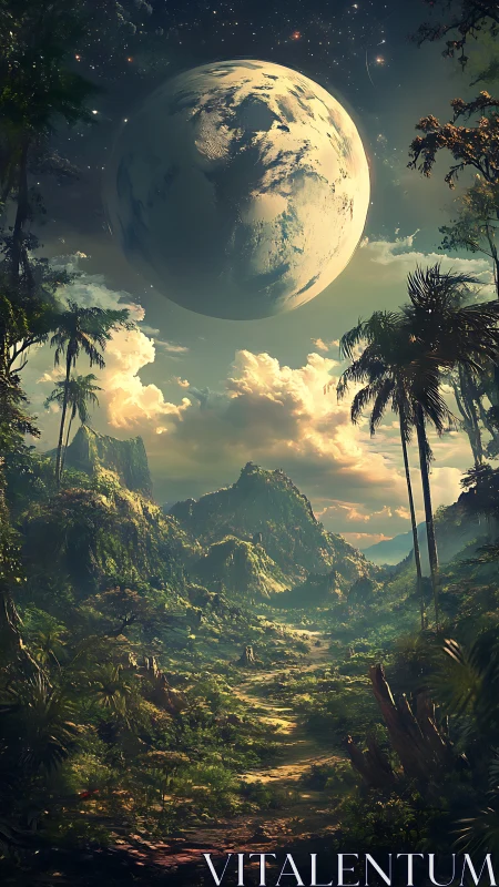 Exoplanet horizon above lush alien jungle valley at dusk