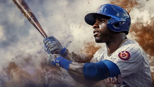 Baseball hitter in striped uniform with bat mid swing.