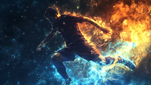 Fiery soccer player leaps through swirling cosmic energy