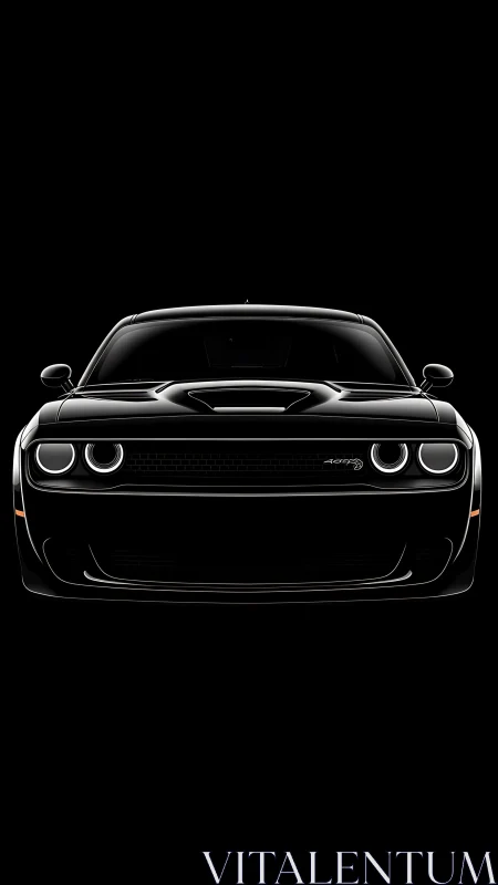 Front silhouette of black muscle car in dramatic lighting.