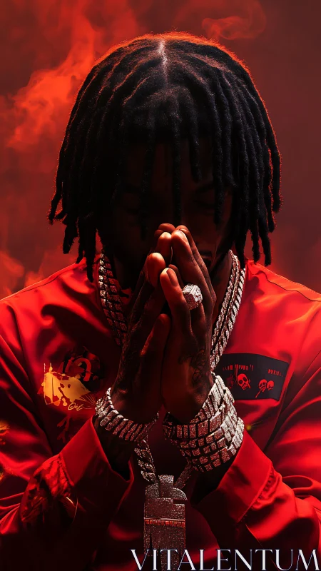 Low-key portrait of jeweled figure in crimson smoke field.