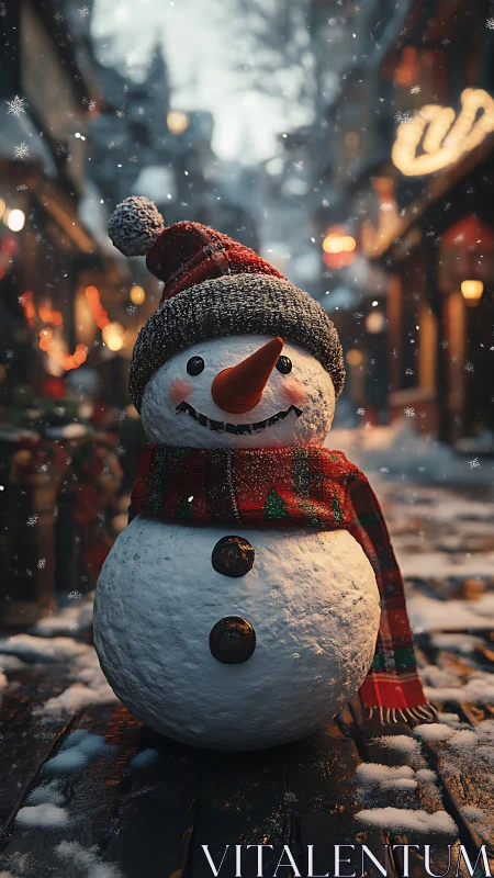 Cozy snowman friend brightening a softly lit winter street.