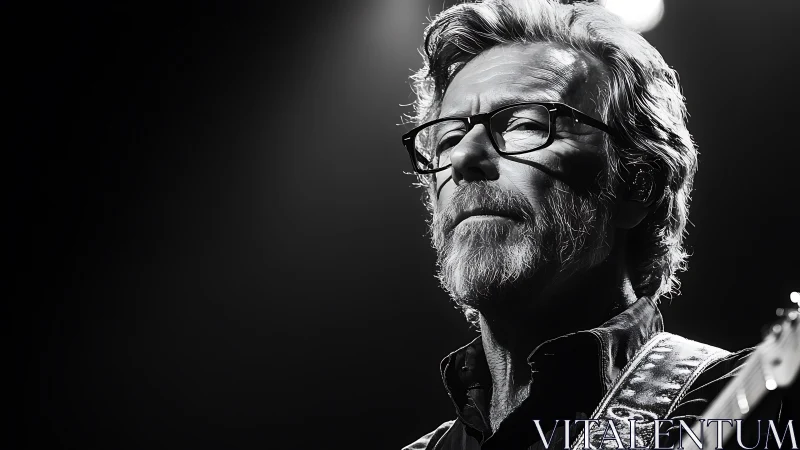 Black and white portrait of focused guitarist onstage.
