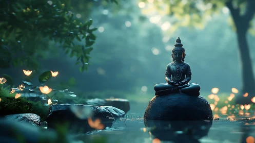 Meditating statue on river rock in misty forest setting.