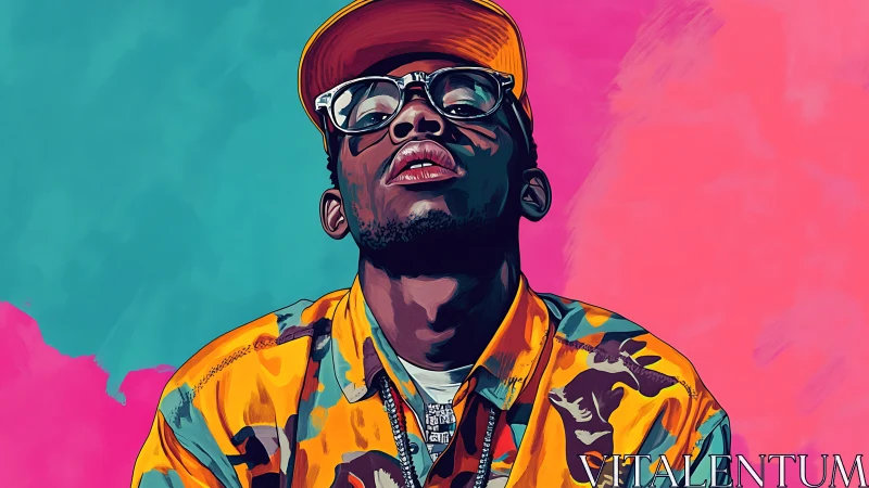 Stylized portrait of man in cap against split color background.