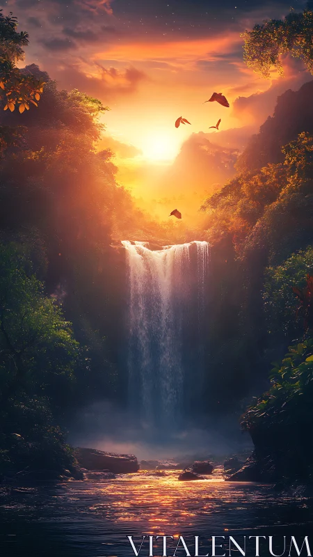 Sunlit waterfall within dense forested river canyon at dusk.