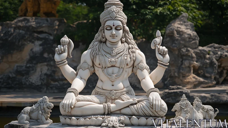 Photorealistic stone Shiva sculpture in meditative frontal symmetry.