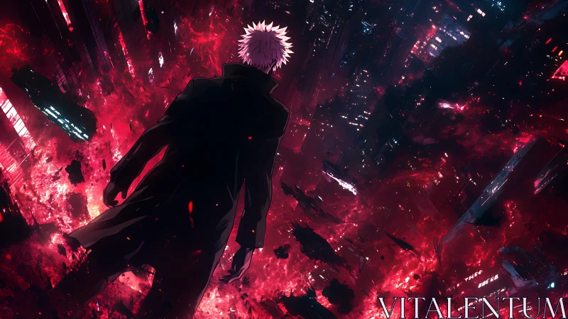 Stormlit wanderer slices through a collapsing neon cosmos