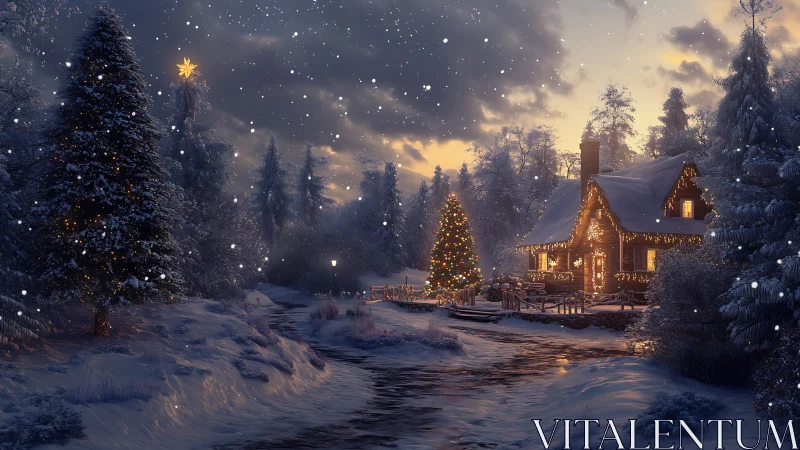 Snowy Christmas cabin glows warmly beside a frozen stream