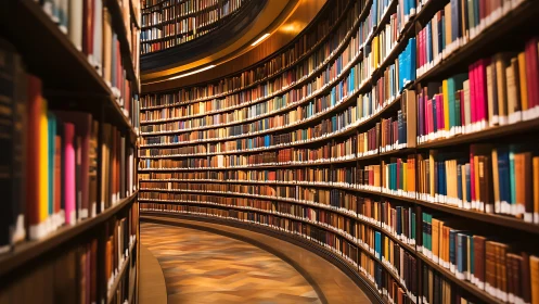 Curved library corridor with densely packed bookshelves.