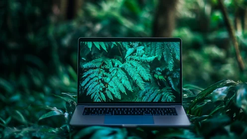 Laptop with fern display integrates into dense rainforest environment