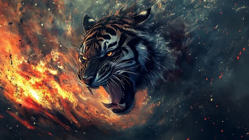 Fierce blazing tiger spirit roaring through swirling fire.