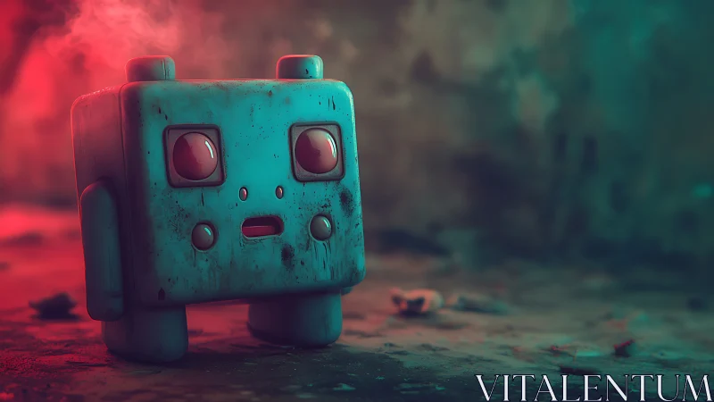 Boxy teal robot toy in moody red and teal light.
