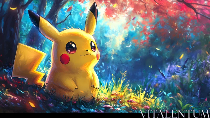 Pikachu illuminated in chromatic forest clearing at sunrise.