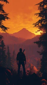 Silhouetted hiker viewing forest valley and distant mountain.