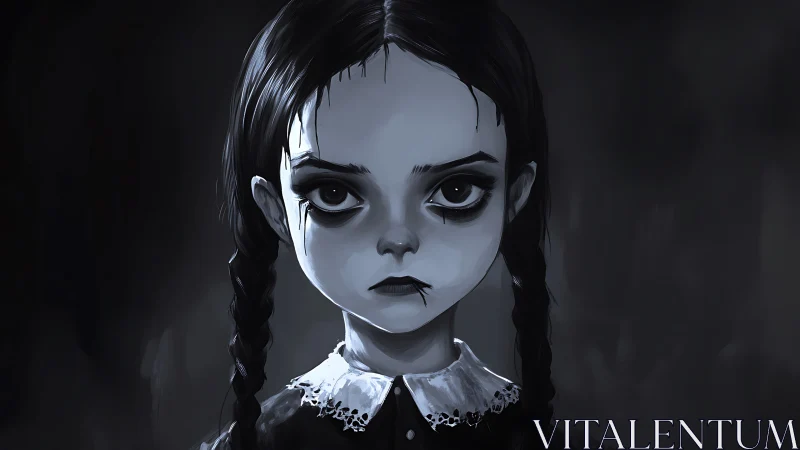Monochrome digital portrait of gothic girl with braids