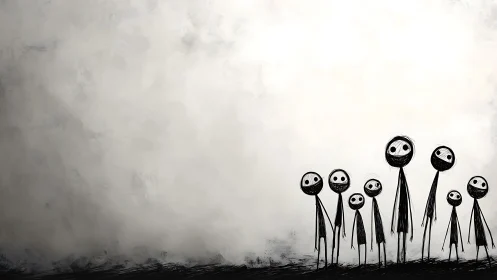 Curious stick figure friends share a wide open dreamy space