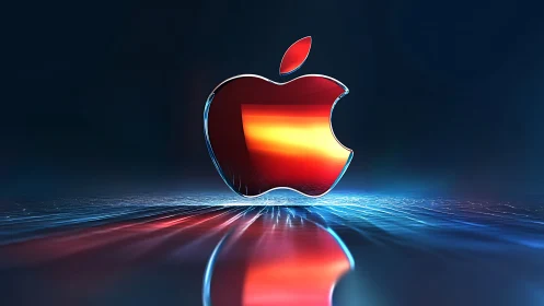 Glossy red apple logo glows above reflective neon surface
