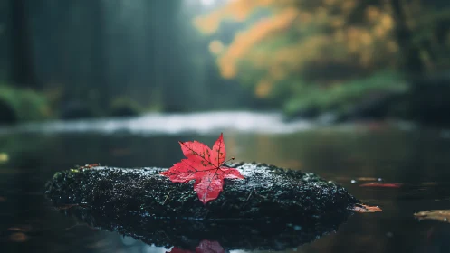 Red maple leaf resting on mossy river stone at dusk.