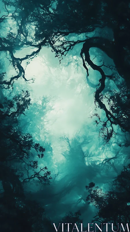 Ethereal Forest Canopy: Teal Luminescence Through Twisted Woodland Architecture.