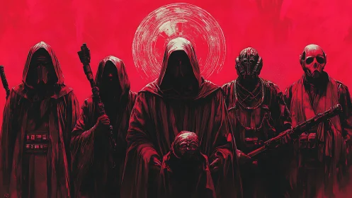 Dark cloaked cultists under crimson sun in digital art.
