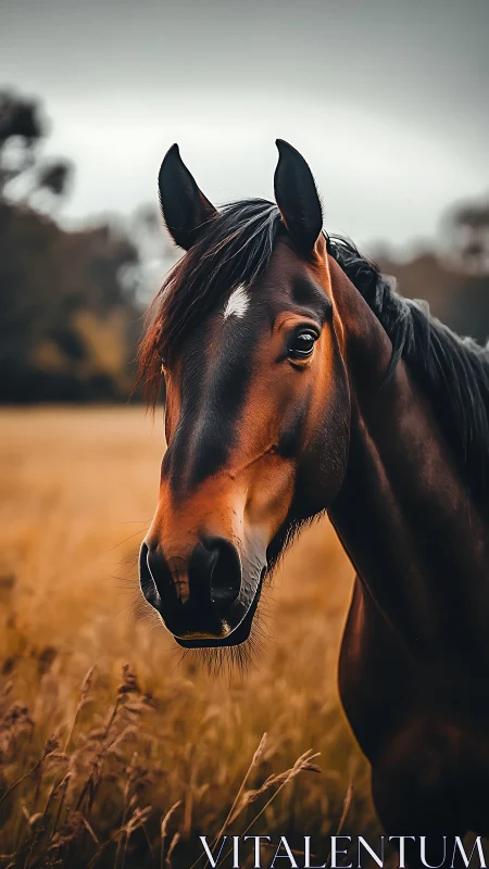 Bay horse portrait in golden field under overcast sky.