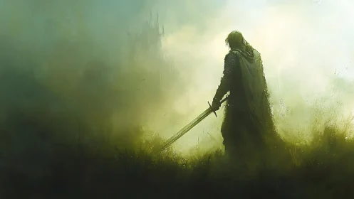 Solitary armored figure with sword in misty green field.