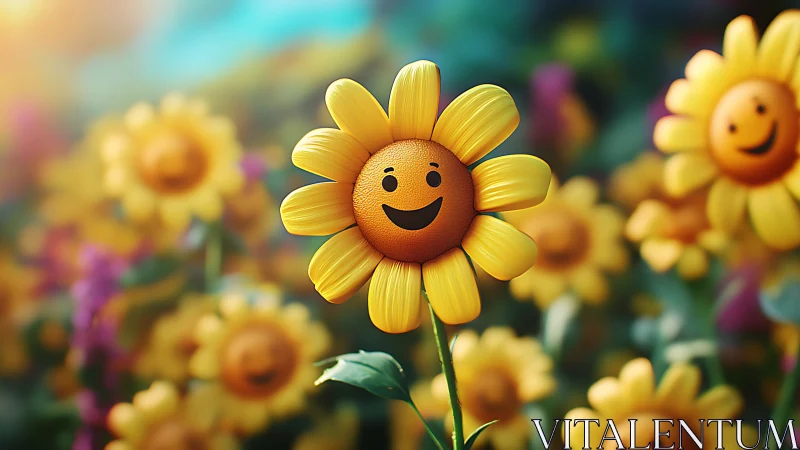 Smiling sunflower with anthropomorphic face amid blooming garden