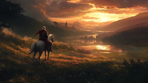 Knight on horseback overlooking golden river valley at dusk.