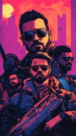 Armed tactical squad in neon-lit skyline with stylized cel shading