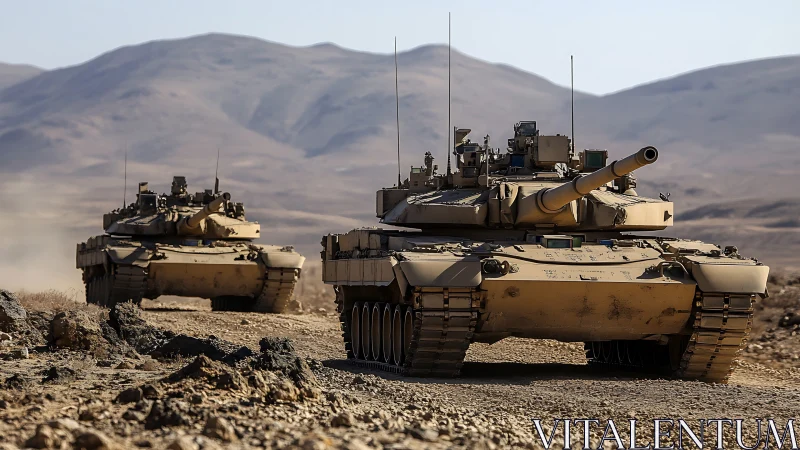 Military Tanks in Desert Formation.