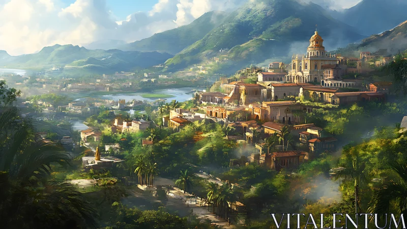 Sunlit hilltop city rises above lush riverside valleys