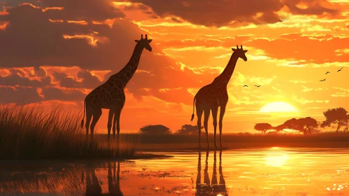 Giraffes standing beside reflective water at sunset horizon.