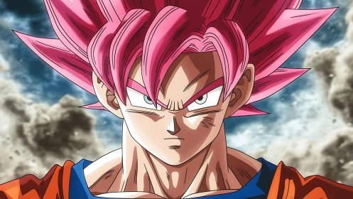 Pink haired anime warrior stares forward with intense focus