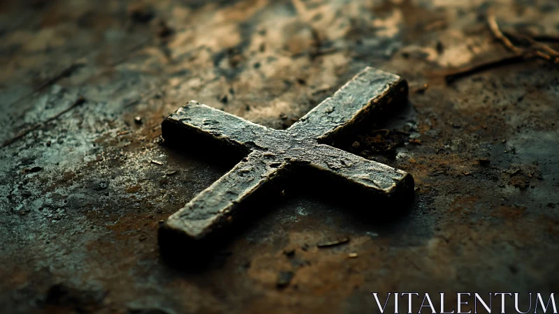 Photorealistic corroded metal cross on distressed ground surface.