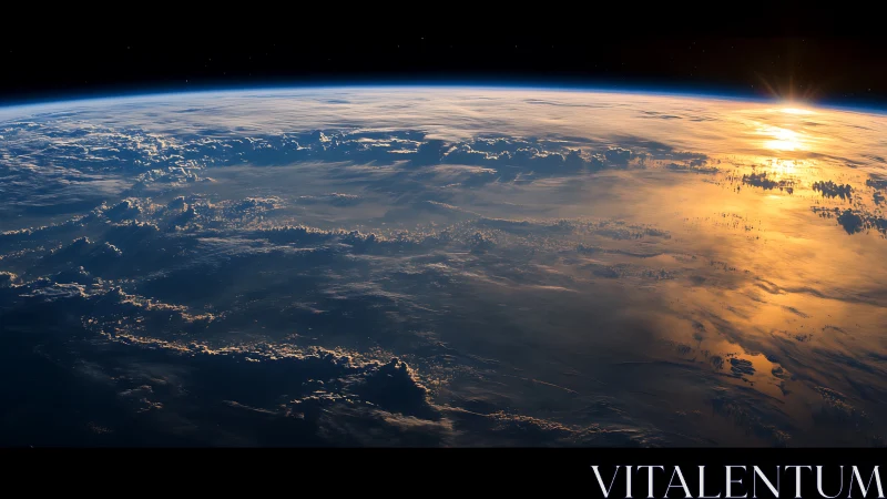 Earth horizon from space with low sunrise and cloud cover.