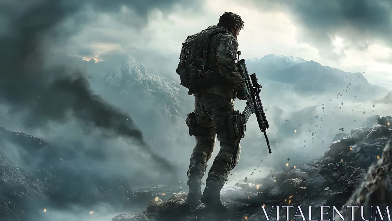 Tactical soldier surveys burning mountain battlefield at dawn.